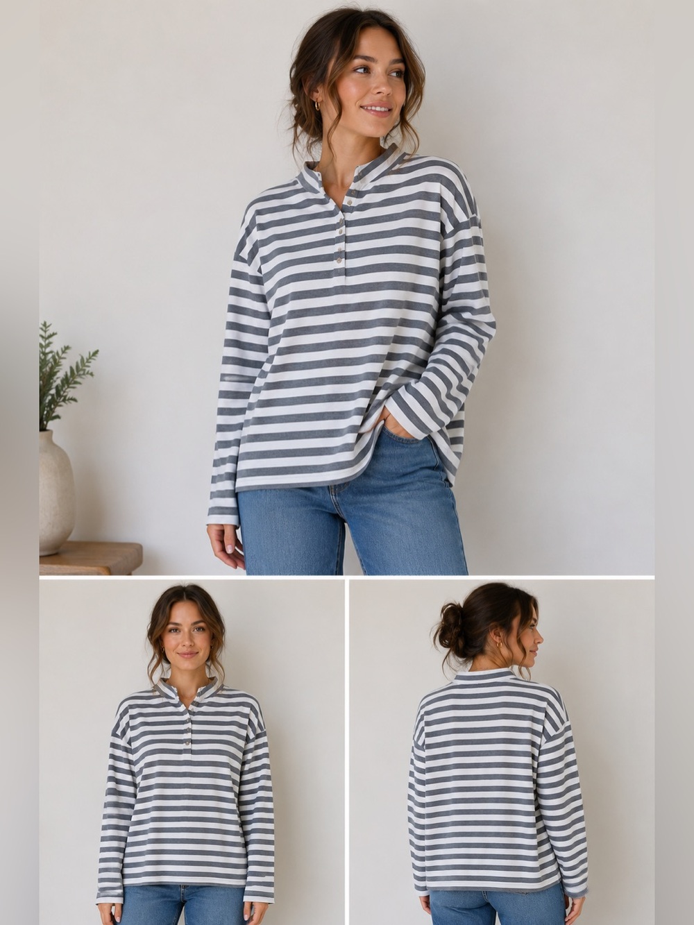 CROFT AND BARROW WOMEN’S GRAY WHITE STRIPED LONG SLEEVE SHIRT BUTTONS SIZE 2X